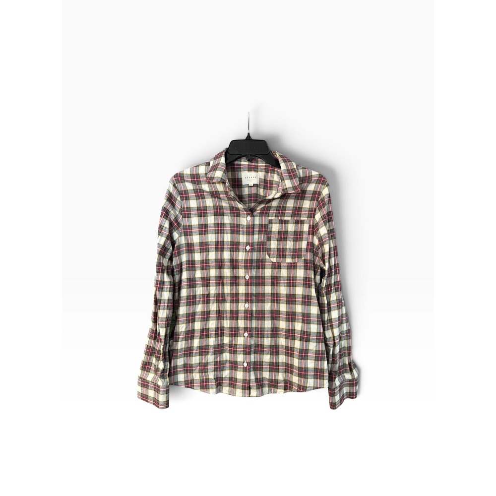 Sezane Tomboy Shirt Plaid Button Down Red Yellow Green Check Size 38